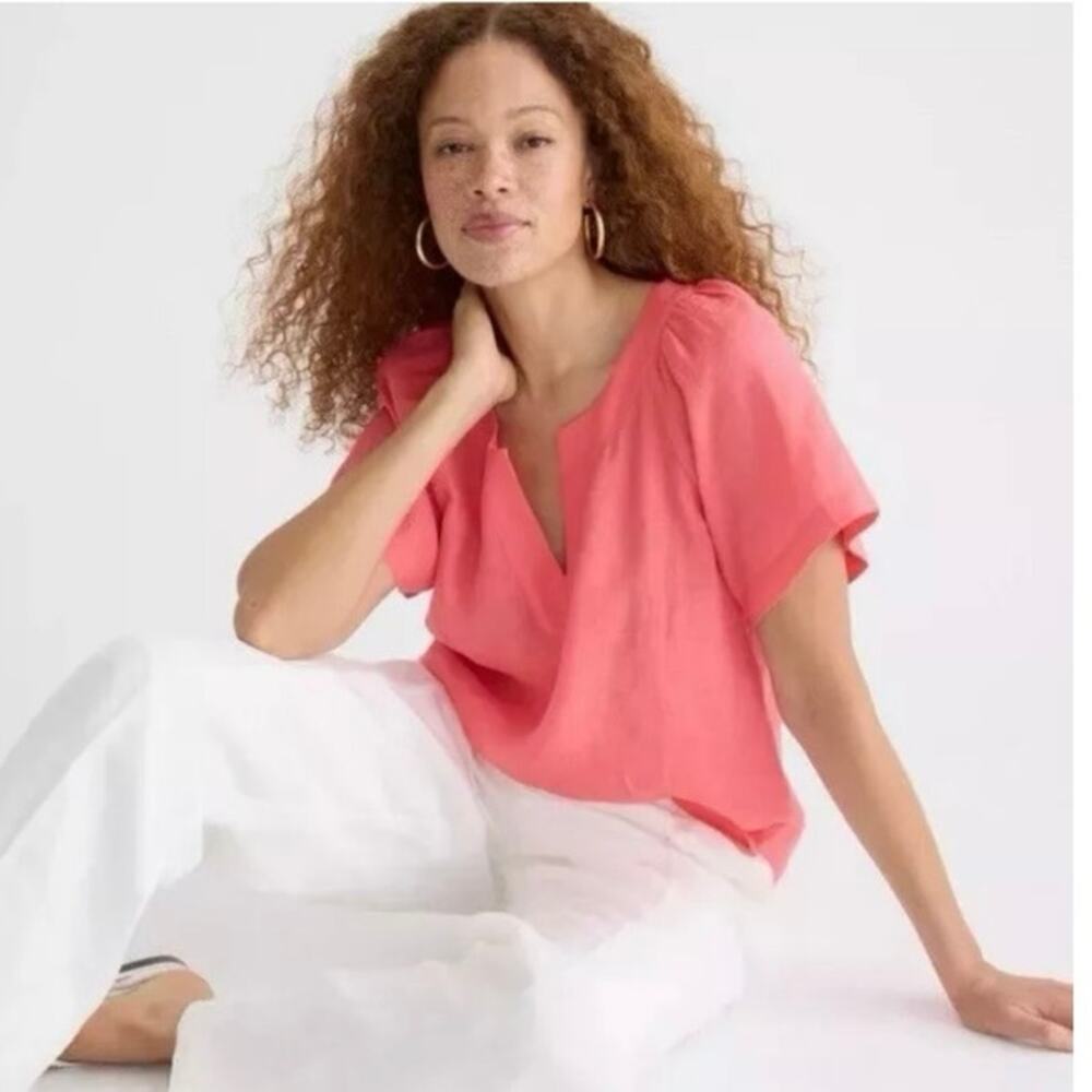 J Crew Flutter Sleeve Linen Top Blouse Papaya Coral Basic Beach Classic Medium